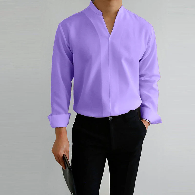 Men's Casual Solid Color V-Neck Long Sleeve Shirt - Image 4