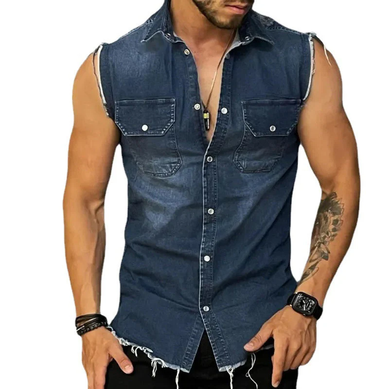 Men's Vintage Lapel Sleeveless Denim Shirt - Image 10