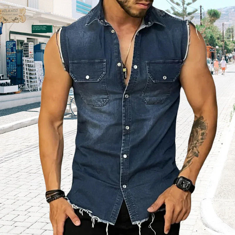 Men's Vintage Lapel Sleeveless Denim Shirt - Image 11