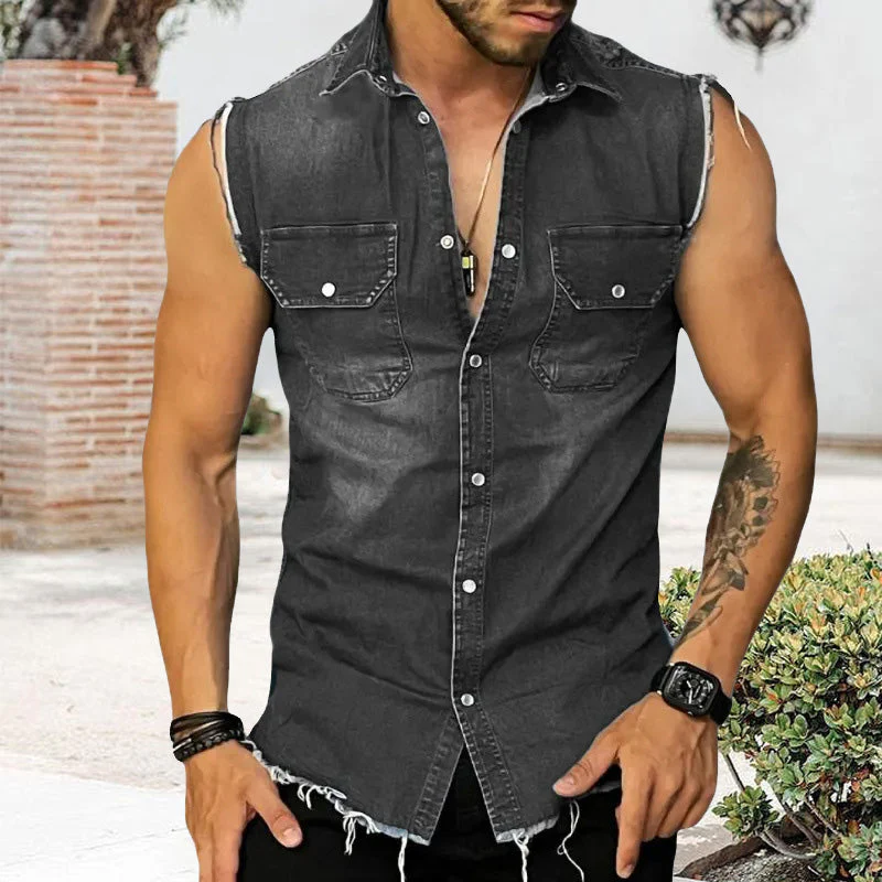 Men's Vintage Lapel Sleeveless Denim Shirt - Image 12