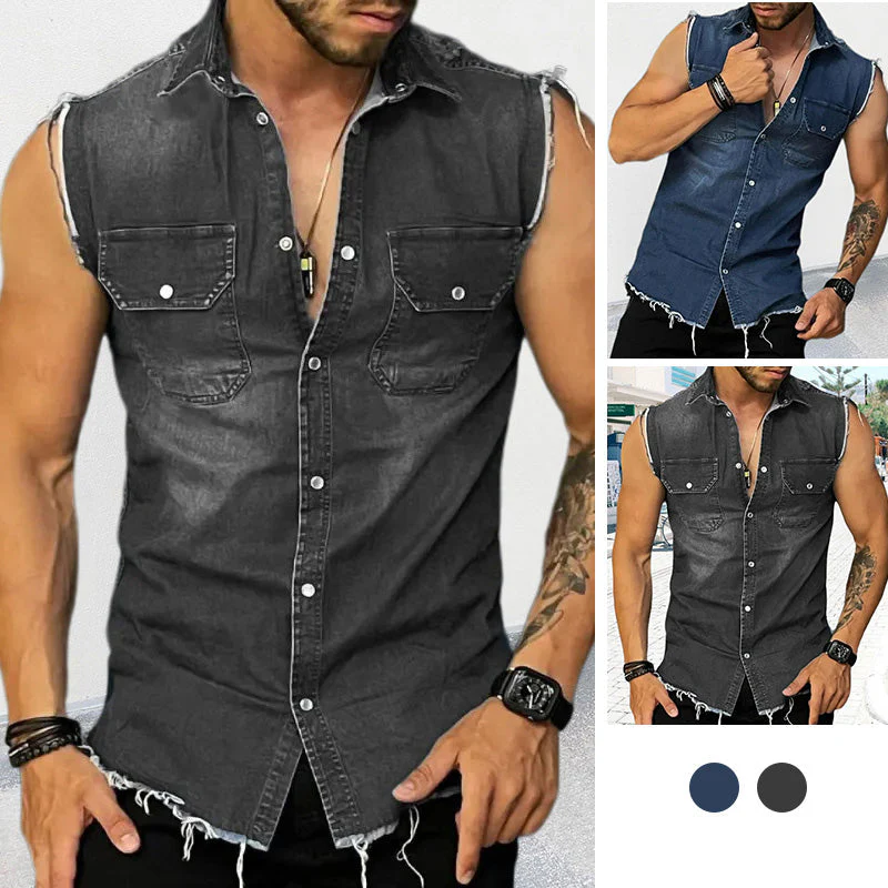Men's Vintage Lapel Sleeveless Denim Shirt - Image 2