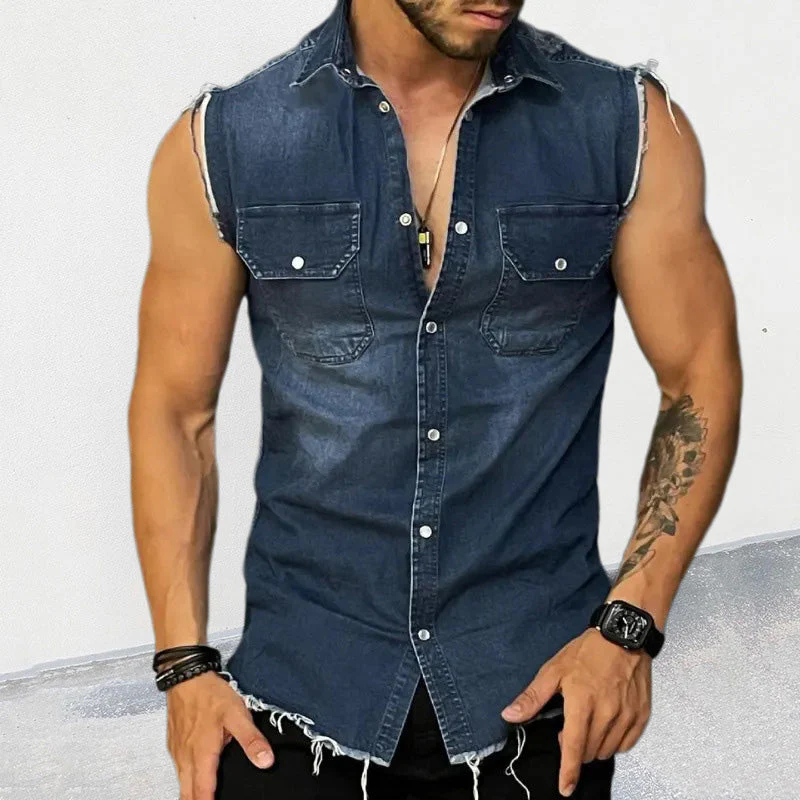 Men's Vintage Lapel Sleeveless Denim Shirt - Image 3