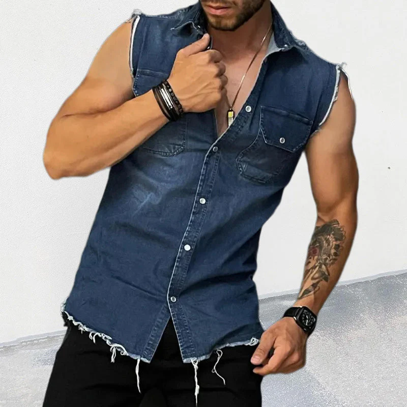 Men's Vintage Lapel Sleeveless Denim Shirt - Image 4