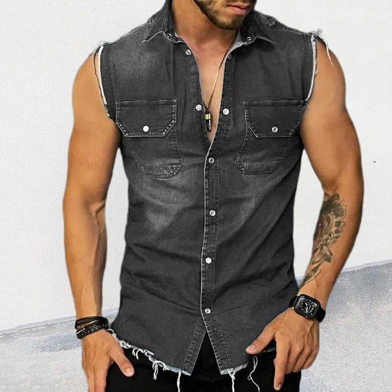 Men's Vintage Lapel Sleeveless Denim Shirt - Image 5