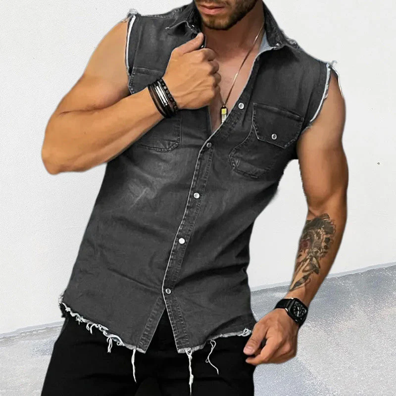 Men's Vintage Lapel Sleeveless Denim Shirt - Image 6