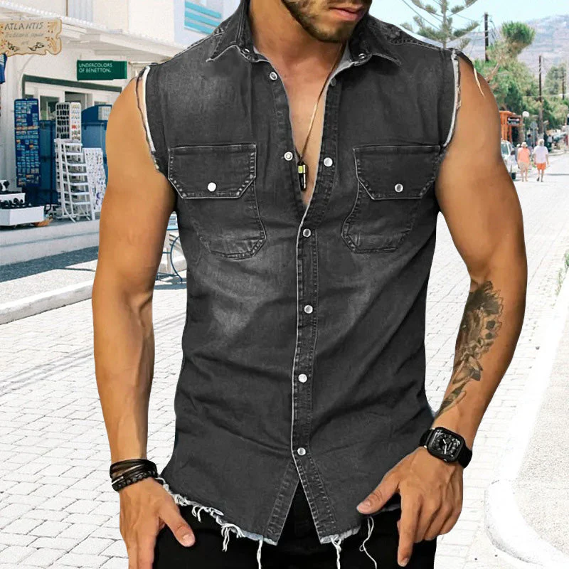 Men's Vintage Lapel Sleeveless Denim Shirt - Image 7