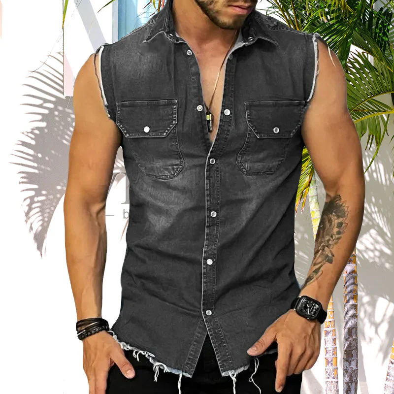Men's Vintage Lapel Sleeveless Denim Shirt - Image 8