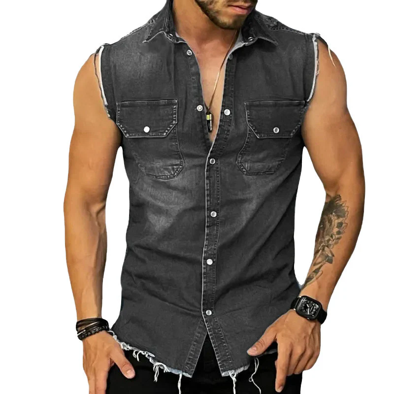 Men's Vintage Lapel Sleeveless Denim Shirt - Image 9