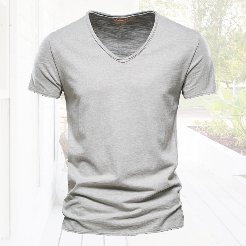 Plain Slub Cotton V-neck T-shirt - Image 12