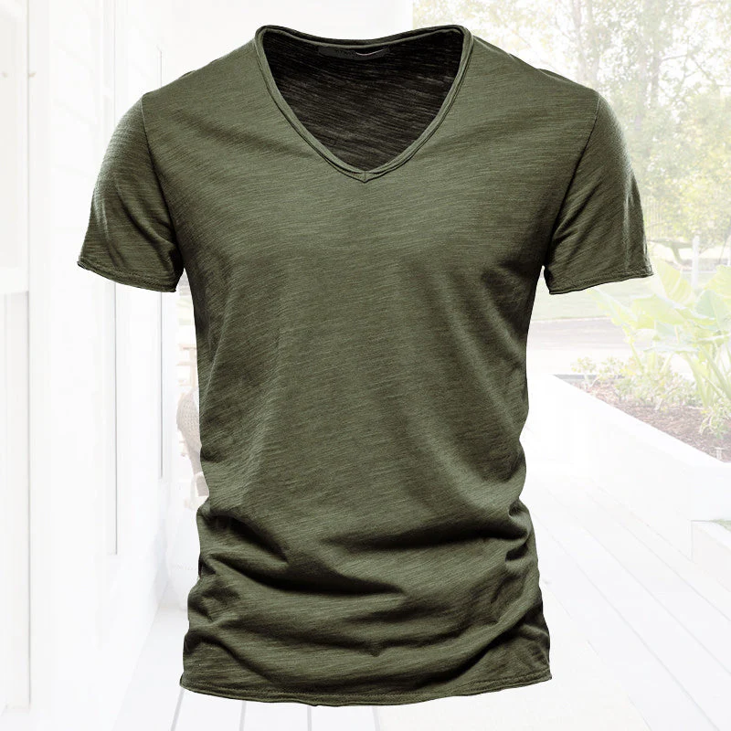 Plain Slub Cotton V-neck T-shirt - Image 13
