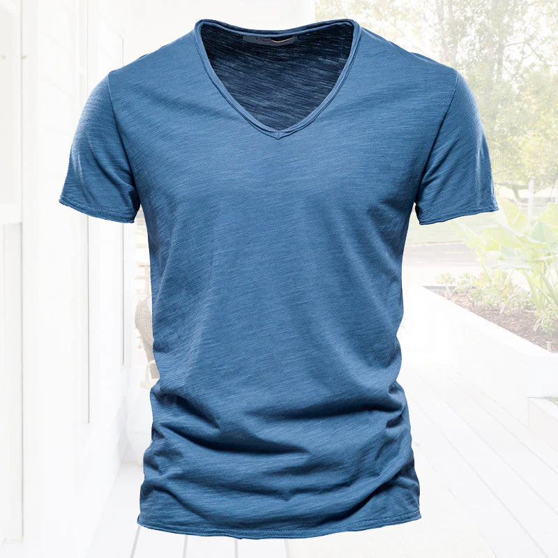 Plain Slub Cotton V-neck T-shirt - Image 14