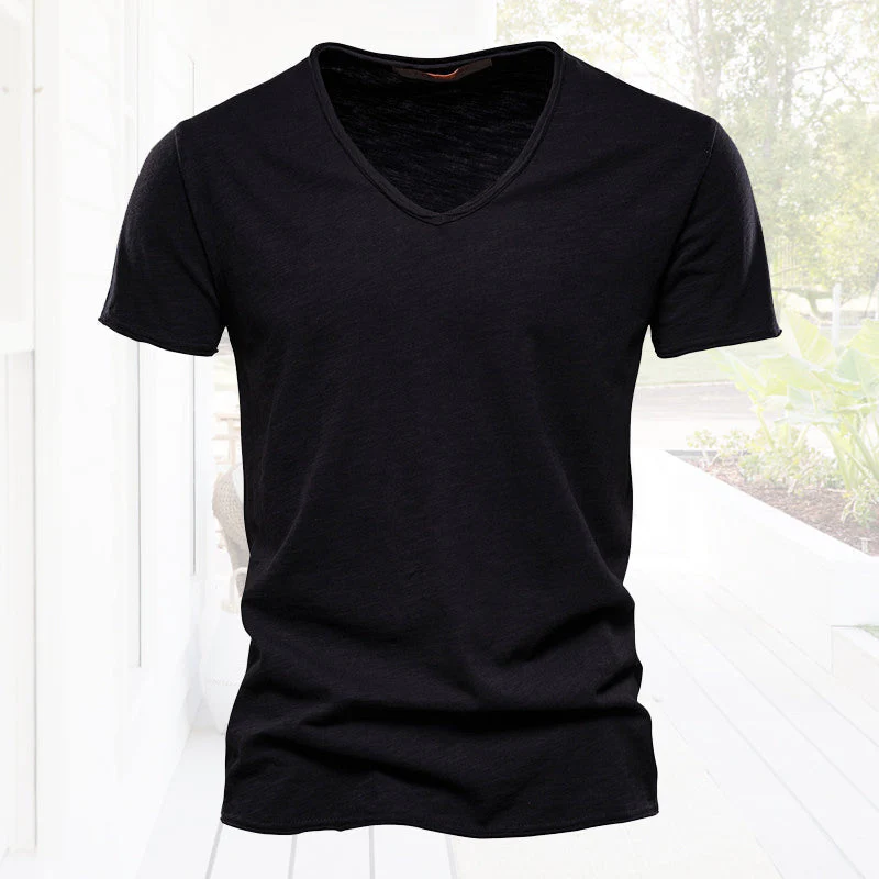 Plain Slub Cotton V-neck T-shirt - Image 16