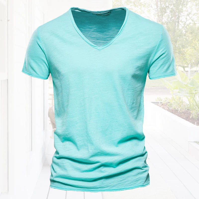 Plain Slub Cotton V-neck T-shirt - Image 19
