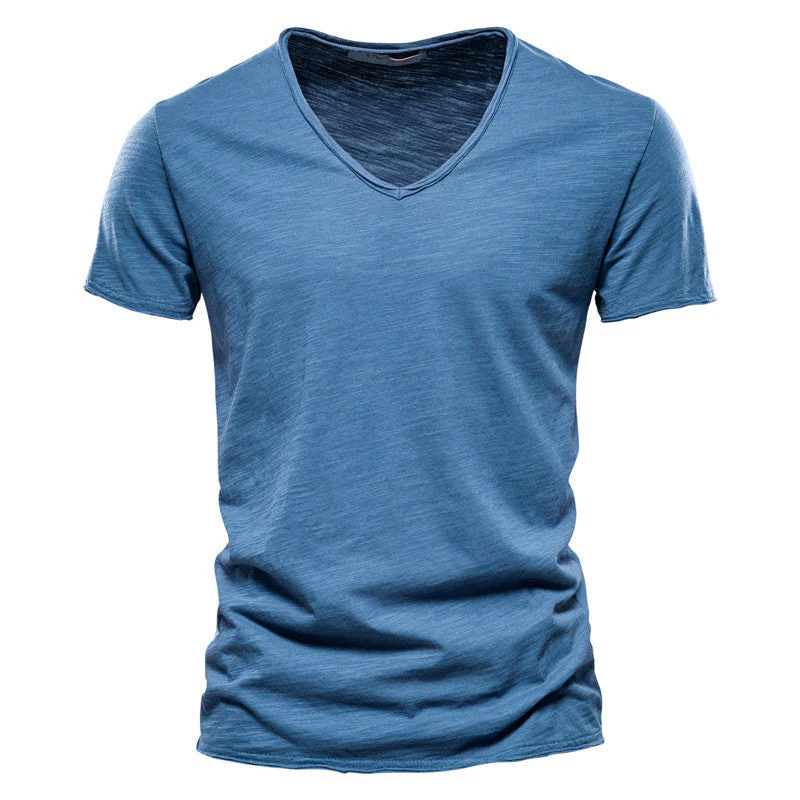 Plain Slub Cotton V-neck T-shirt - Image 22