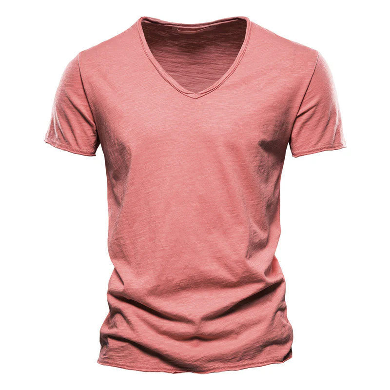 Plain Slub Cotton V-neck T-shirt - Image 26