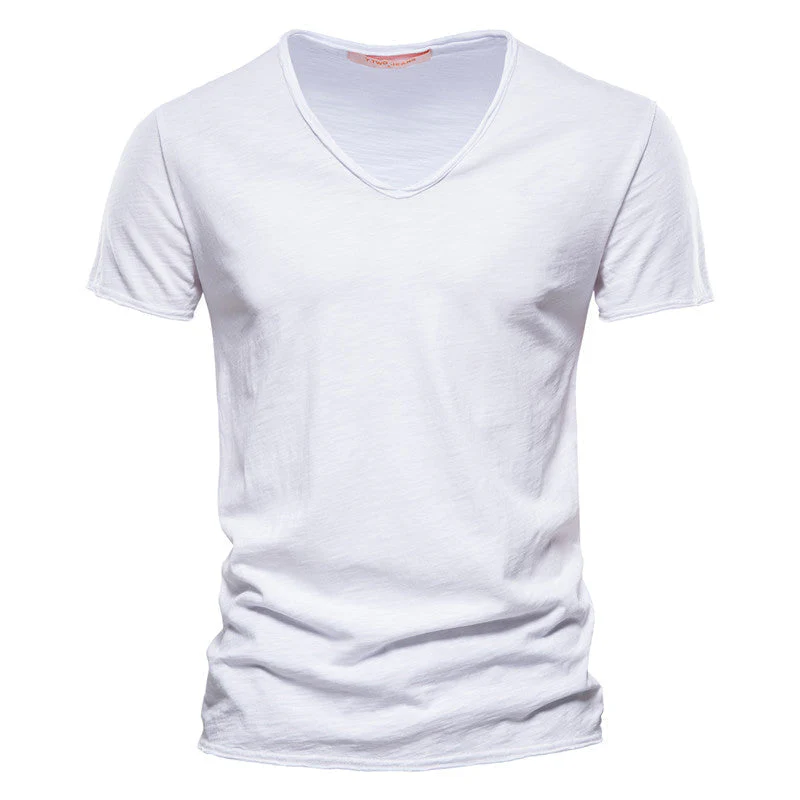 Plain Slub Cotton V-neck T-shirt - Image 30