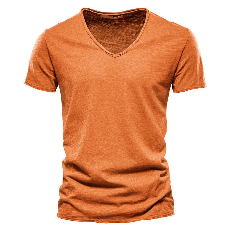 Plain Slub Cotton V-neck T-shirt - Image 31