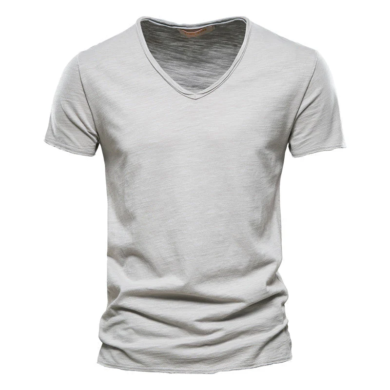 Plain Slub Cotton V-neck T-shirt - Image 33