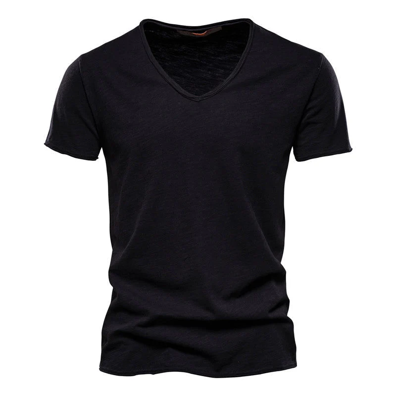 Plain Slub Cotton V-neck T-shirt - Image 35