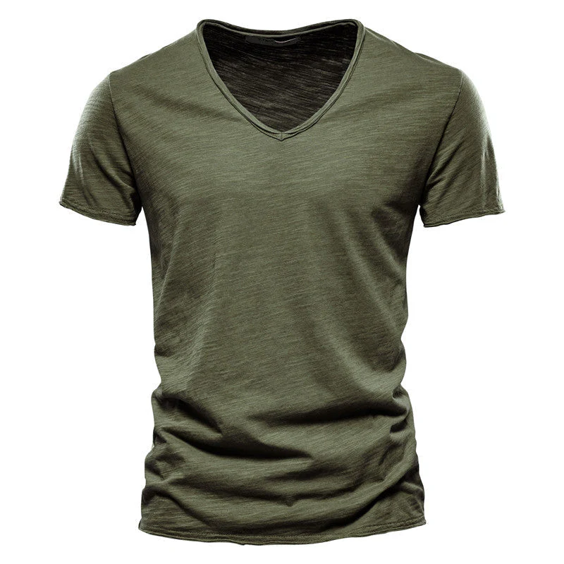 Plain Slub Cotton V-neck T-shirt - Image 36