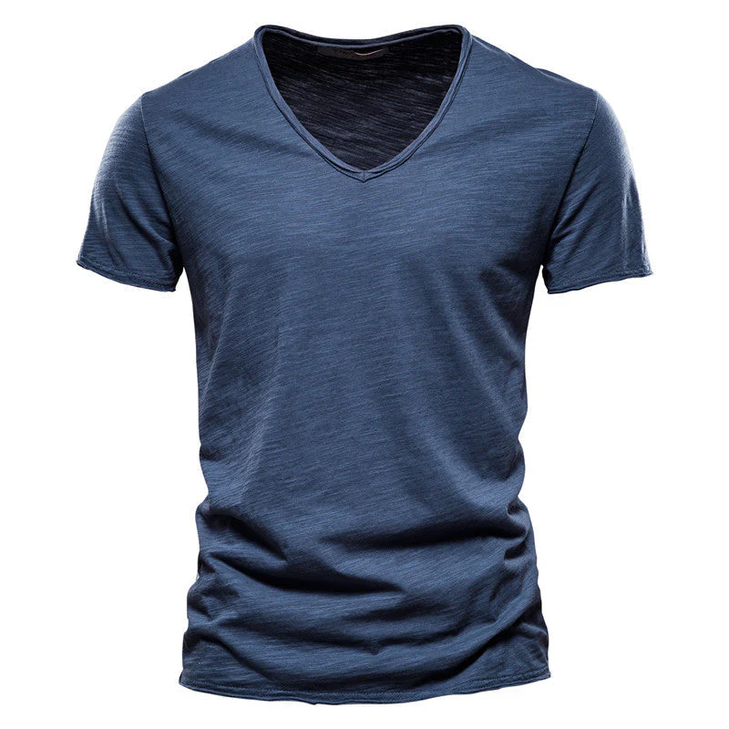 Plain Slub Cotton V-neck T-shirt - Image 37