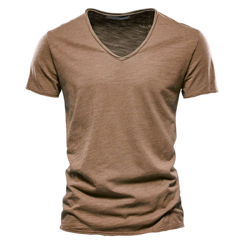 Plain Slub Cotton V-neck T-shirt - Image 38