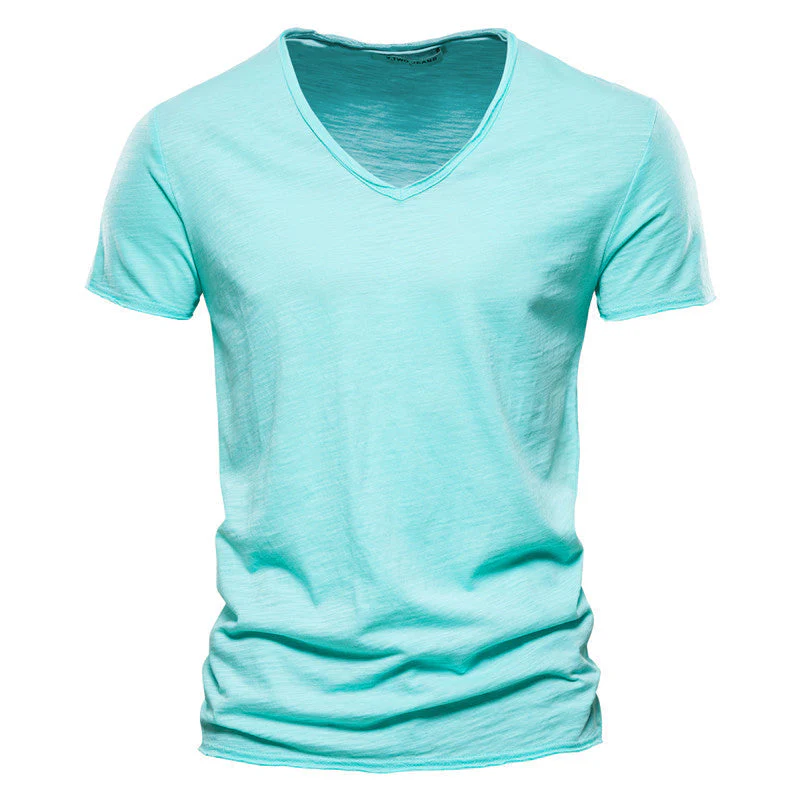Plain Slub Cotton V-neck T-shirt - Image 39