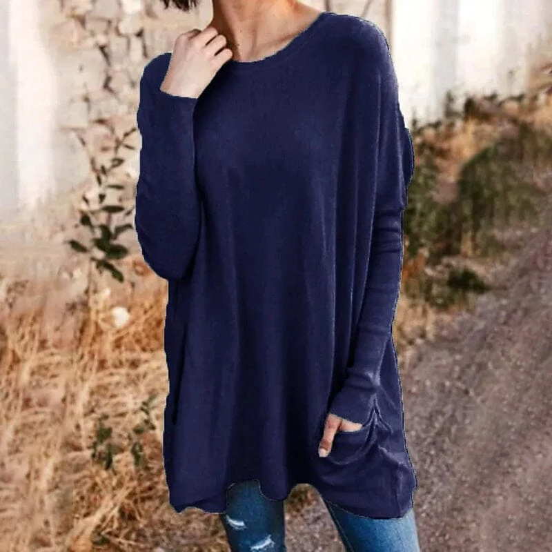 Round Neck Long Sleeve Loose Pocket Solid T-Shirt - Image 10