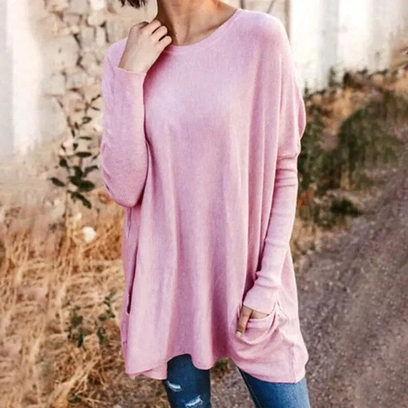Round Neck Long Sleeve Loose Pocket Solid T-Shirt - Image 11