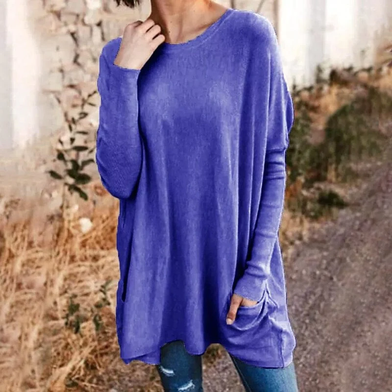 Round Neck Long Sleeve Loose Pocket Solid T-Shirt - Image 12