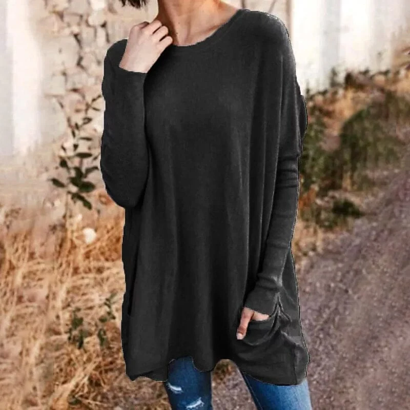 Round Neck Long Sleeve Loose Pocket Solid T-Shirt - Image 13