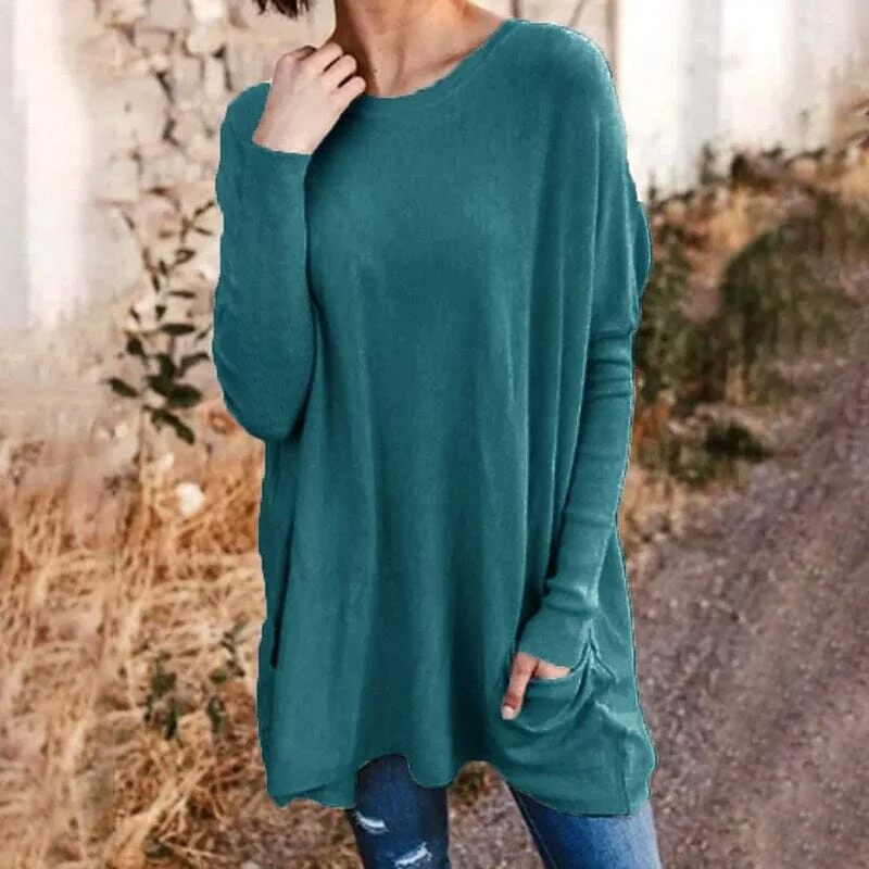 Round Neck Long Sleeve Loose Pocket Solid T-Shirt - Image 14