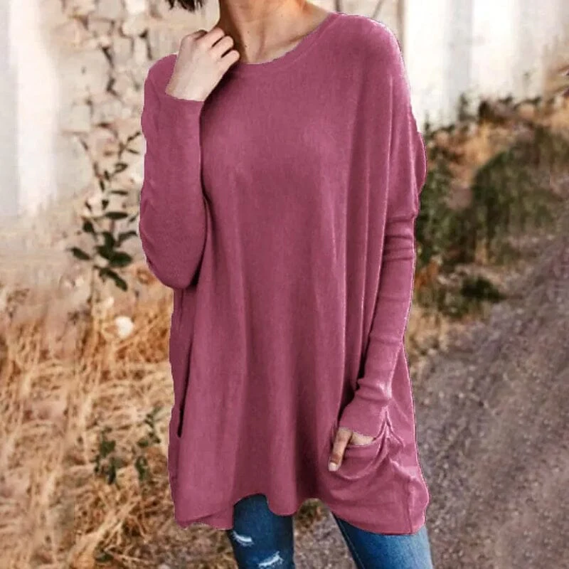 Round Neck Long Sleeve Loose Pocket Solid T-Shirt - Image 15