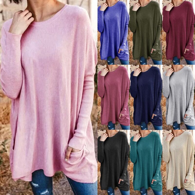Round Neck Long Sleeve Loose Pocket Solid T-Shirt - Image 2