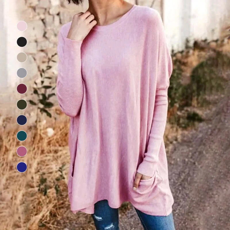Round Neck Long Sleeve Loose Pocket Solid T-Shirt - Image 3