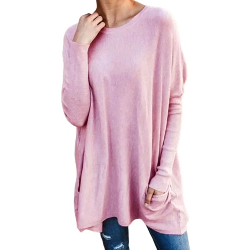 Round Neck Long Sleeve Loose Pocket Solid T-Shirt - Image 4