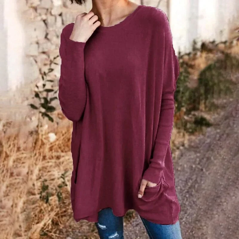 Round Neck Long Sleeve Loose Pocket Solid T-Shirt - Image 6