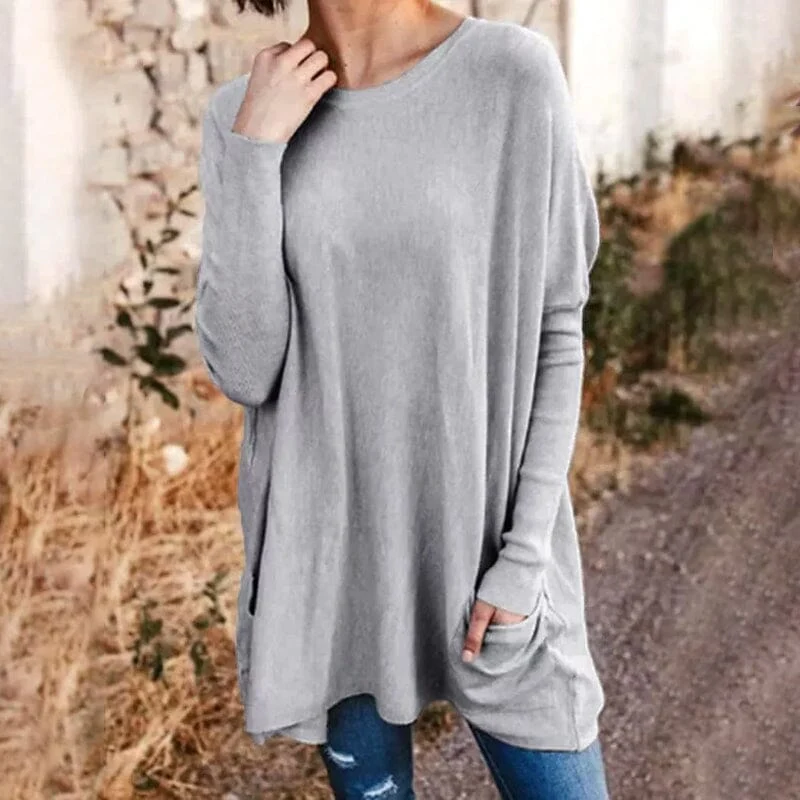 Round Neck Long Sleeve Loose Pocket Solid T-Shirt - Image 7