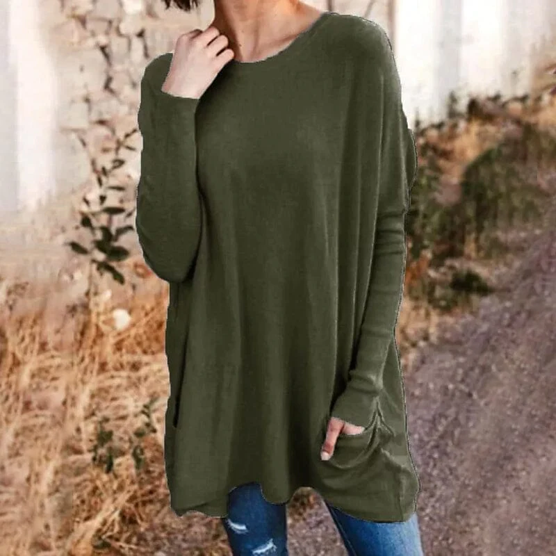 Round Neck Long Sleeve Loose Pocket Solid T-Shirt - Image 8