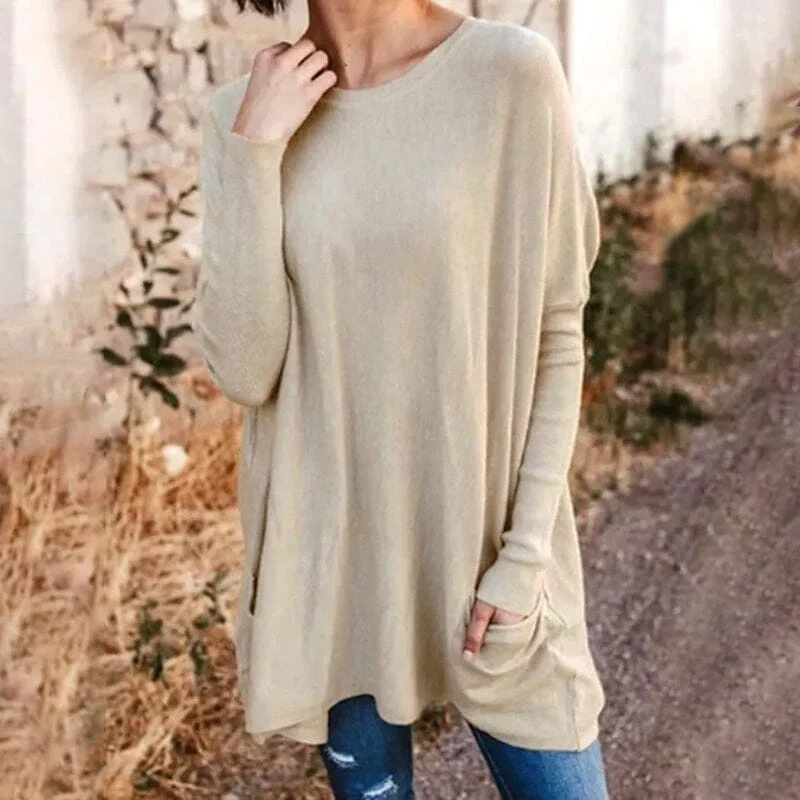 Round Neck Long Sleeve Loose Pocket Solid T-Shirt - Image 9