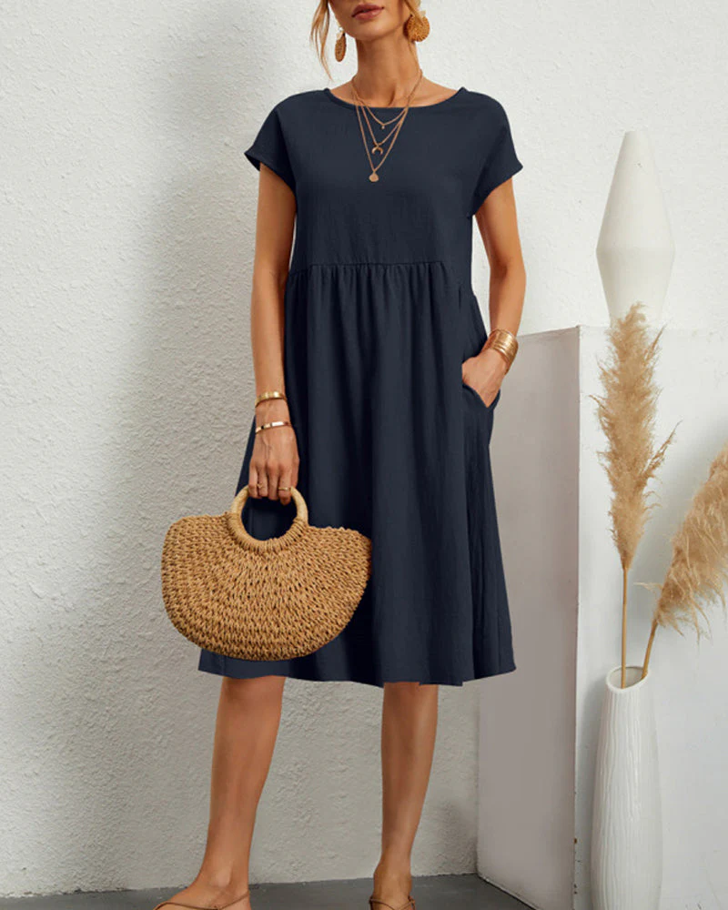 Round neck loose cotton and linen dress - Image 5