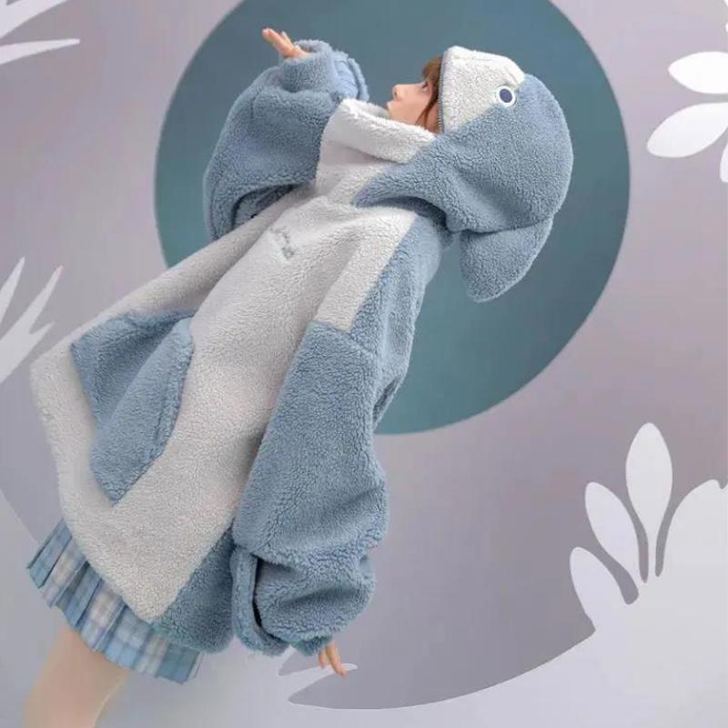 Shark Embroidery Zipper Letter Plush Hoodie - Image 10