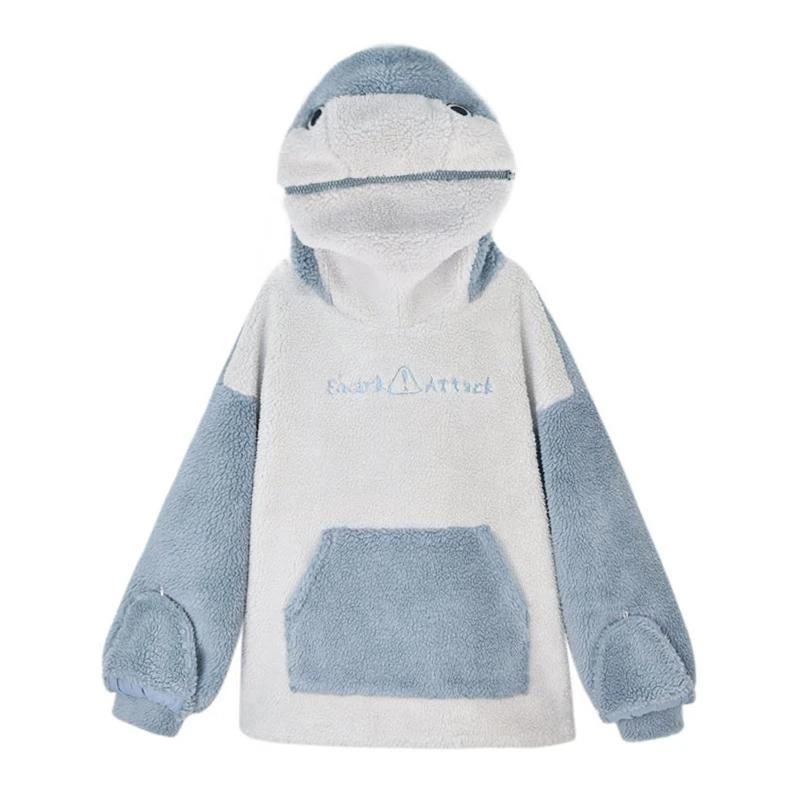Shark Embroidery Zipper Letter Plush Hoodie - Image 12