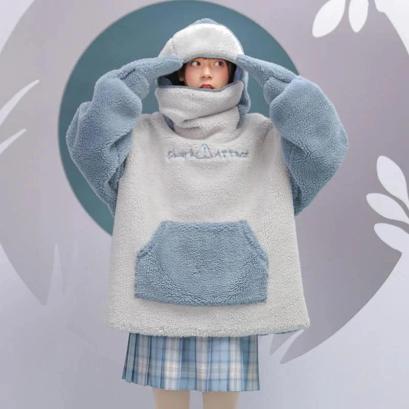 Shark Embroidery Zipper Letter Plush Hoodie - Image 3