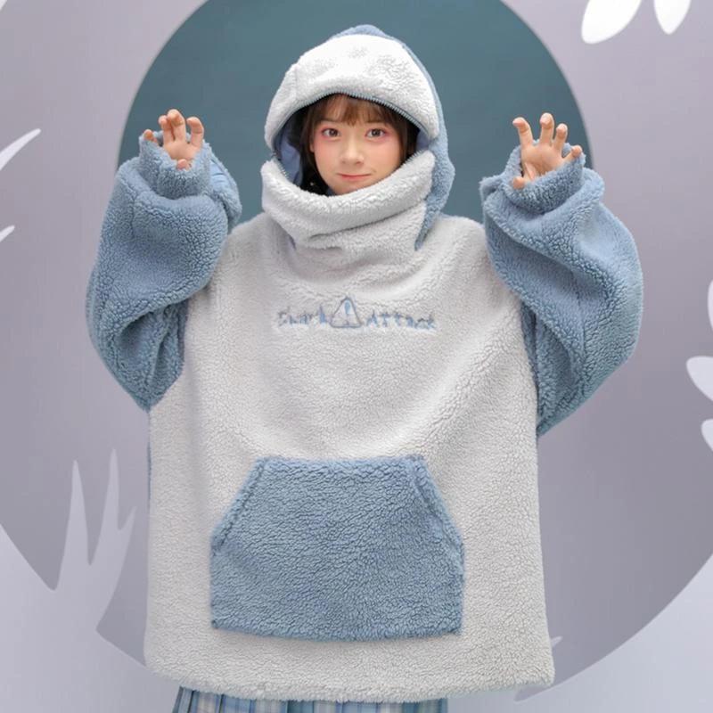 Shark Embroidery Zipper Letter Plush Hoodie - Image 5
