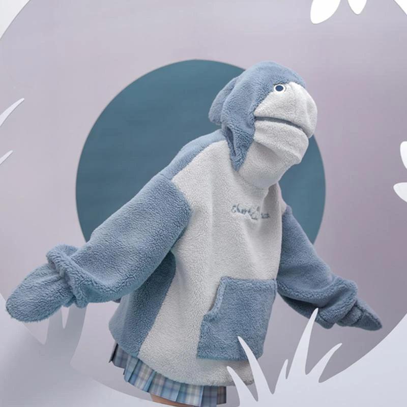 Shark Embroidery Zipper Letter Plush Hoodie - Image 8