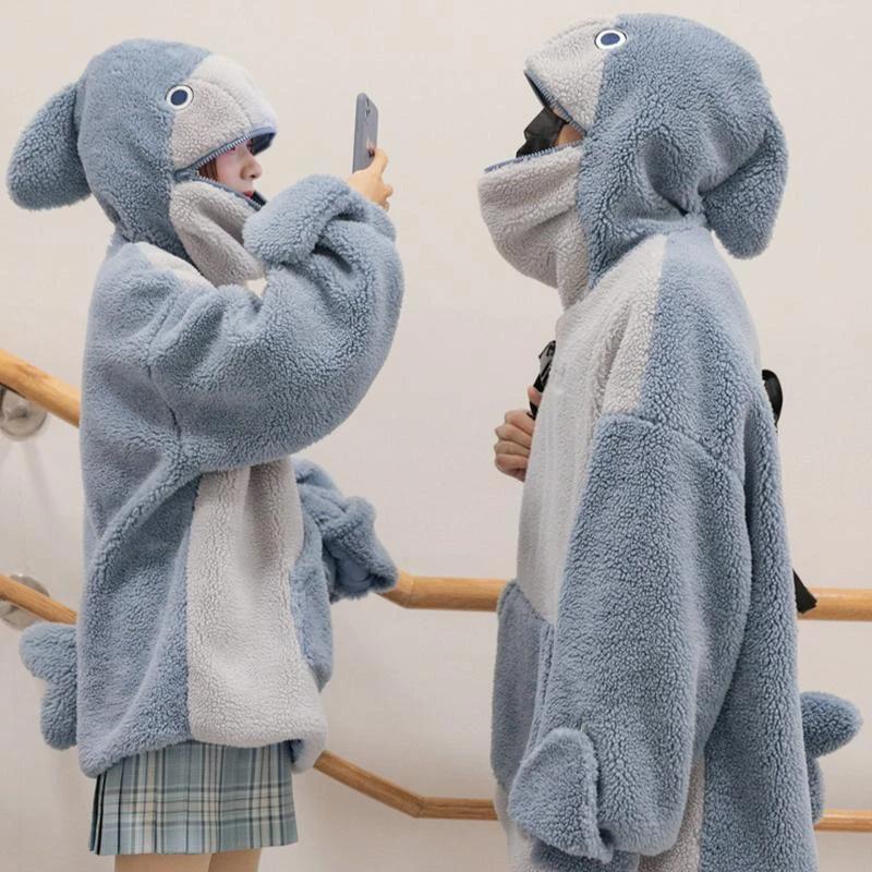 Shark Embroidery Zipper Letter Plush Hoodie - Image 9