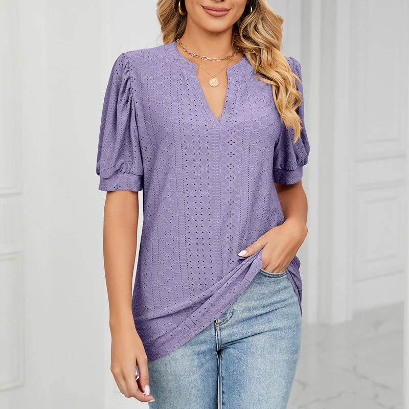 Solid Color Hollow Bubble Sleeve Loose T-shirt Top - Image 3