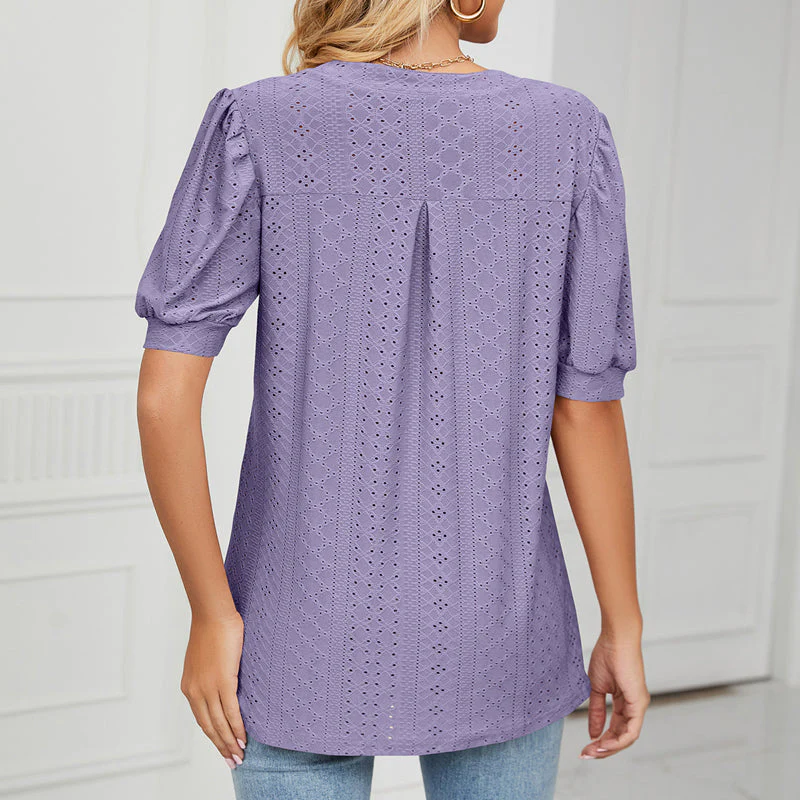 Solid Color Hollow Bubble Sleeve Loose T-shirt Top - Image 4
