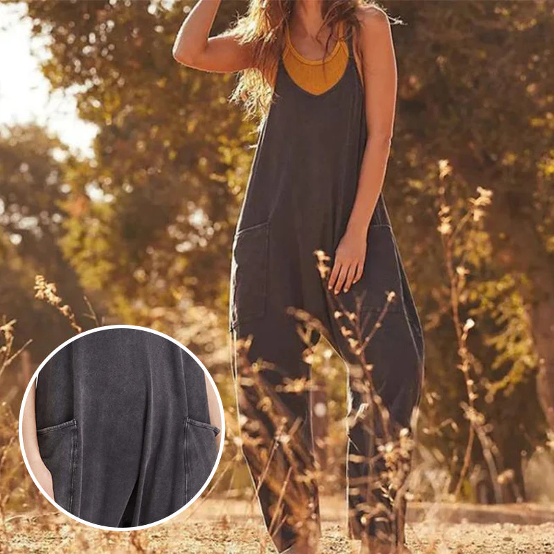 Solid V-Neck Sling Pocket Jumpsuit - Image 7
